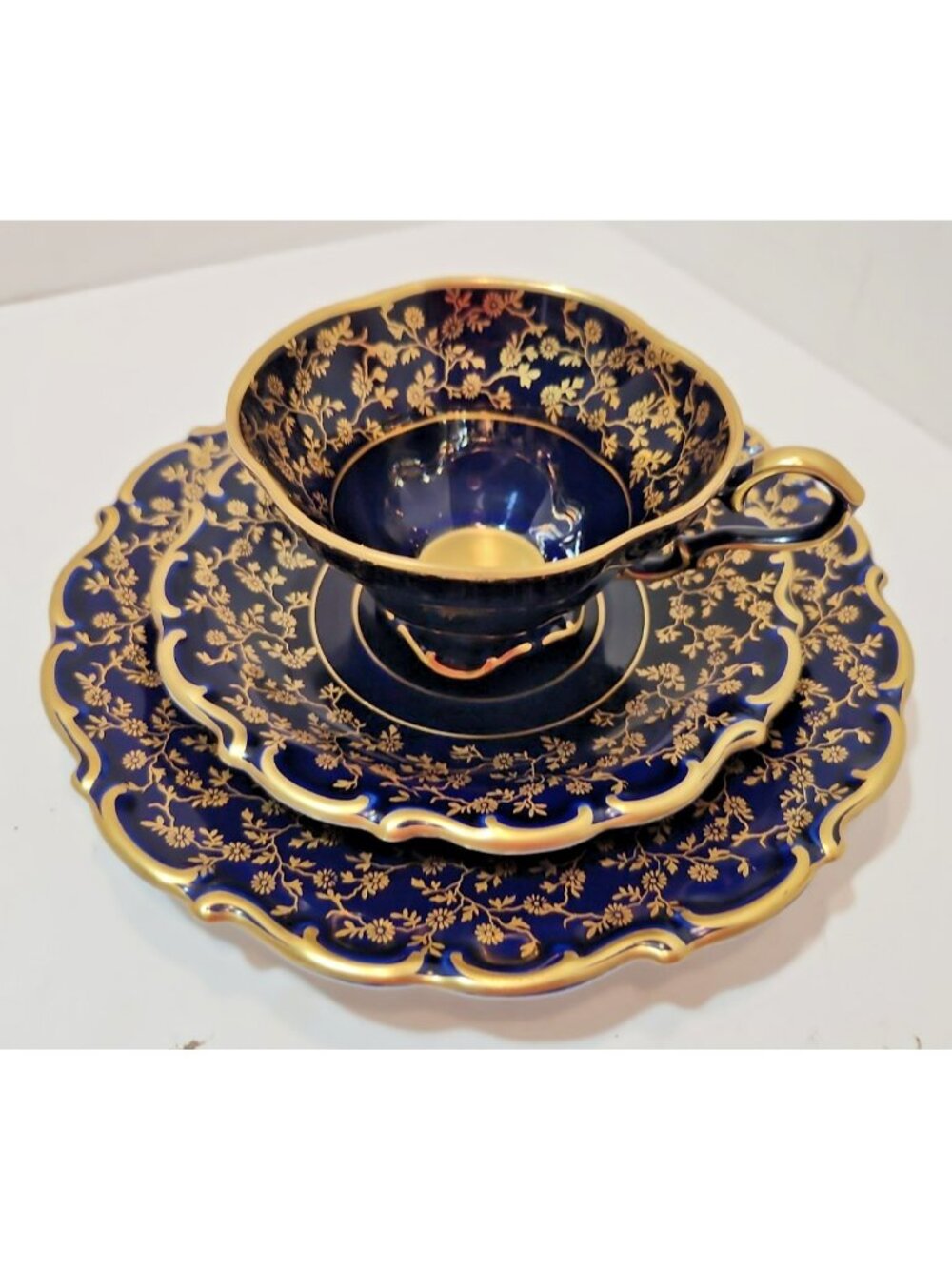 Vtg Lindner Kueps Echt Kobalt 3 Piece Tea Cup Saucer And Dessert Plate 1950's